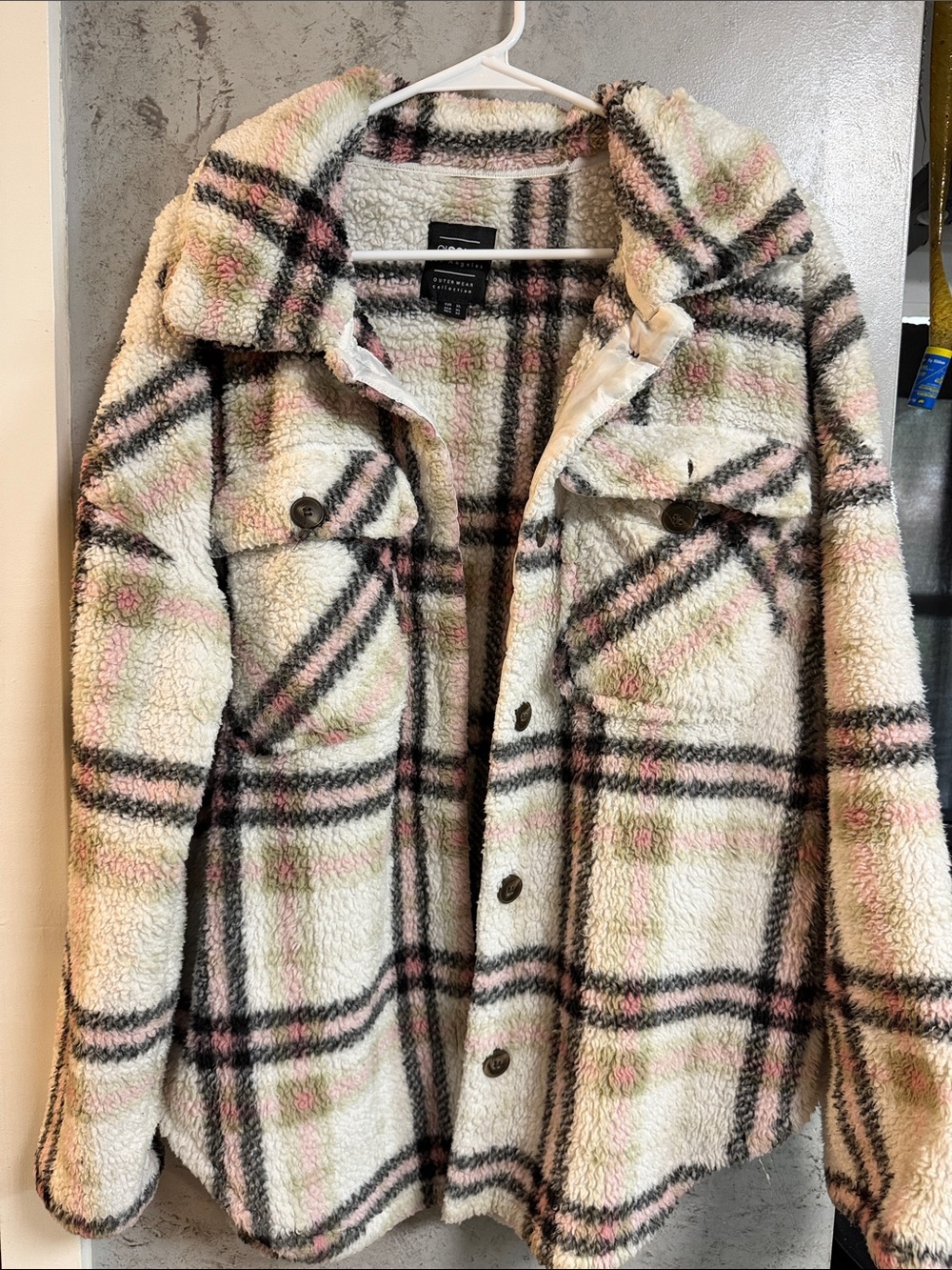 Teddy Plaid Shacket in Cream with Pink & Black Stripes